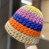 Toque Coarse Knitted Woolen Bucket Hat Women's Autumn and Winter Japanese Color Matching Hand-Knit Cap