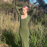 Green Fairycore Dress Fall Fashion Women's Wear round Neck Long Sleeve Narrow Slim Fit Slimming Dress