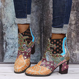 Coachella Ankle Boots Bohemian Casual Retro Stitching High Heel Leather Ankle Boots