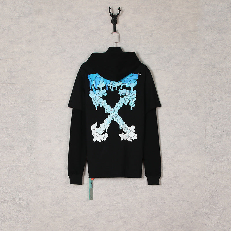 Autumn And Winter Blue Melting Arrow Fake Two-Piece Hooded Sweater