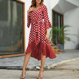 Red Peasant Dress Spring/Summer Polka Dot Patchwork Ruffled V-neck Dress