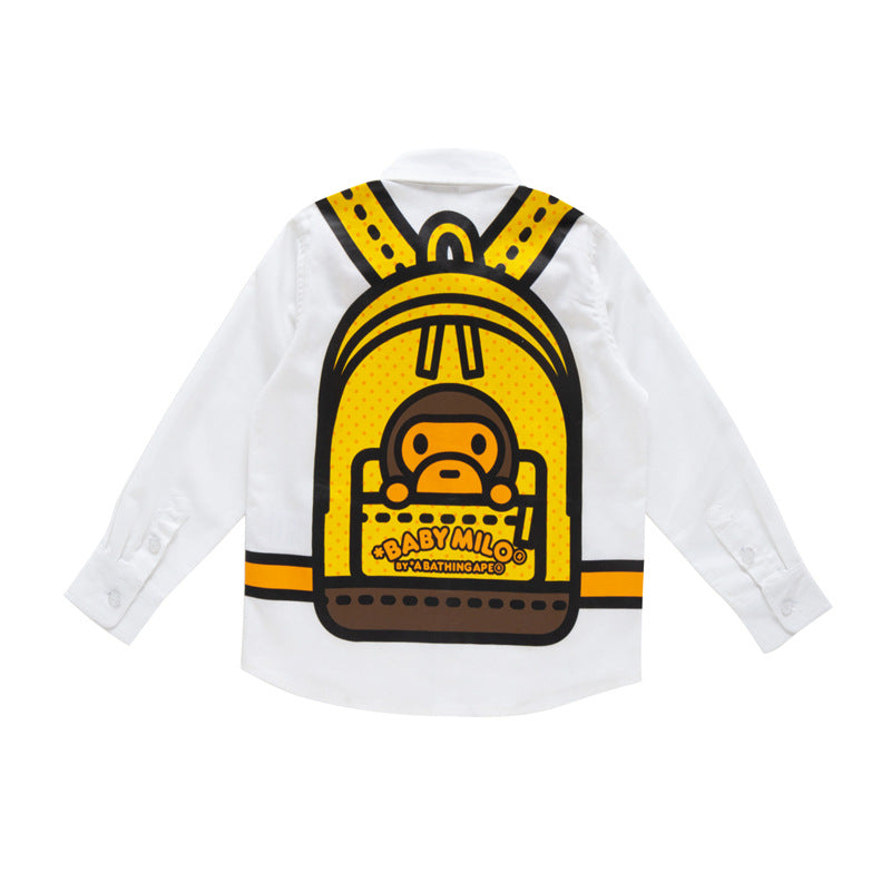 A Ape Print for Kids Long Sleeve Shirt Children's Summer Clothing BAPE Backpack Printing Straight Mouth Cotton Lapel Long Sleeve Shirt