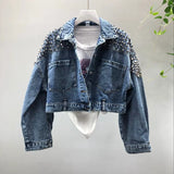 Studded Denim Jacket Spring Short Washed Denim Jacket Women's Jacket