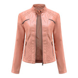 Hot Pink Motorcycle Jacket Women Casual Leather Clothing Stand-up Collar Jacket