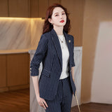 Women Pants Suit Uniform Designs Formal Style Office Lady Bussiness Attire Striped Slim Fit Work Clothes