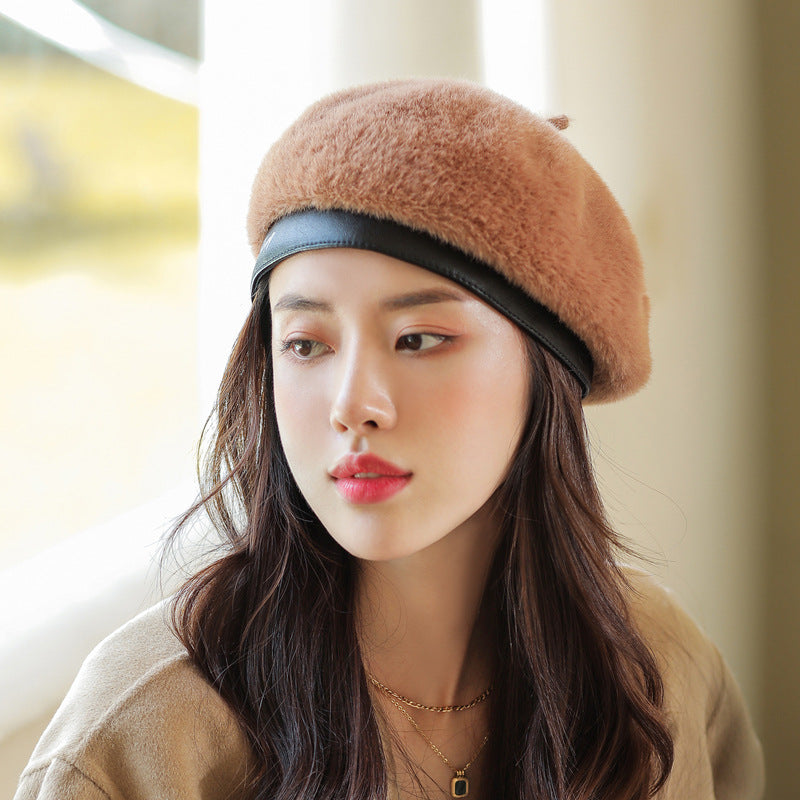 Beret Hat Women's Autumn and Winter Wool Knitted Japanese Houndstooth Painter Cap