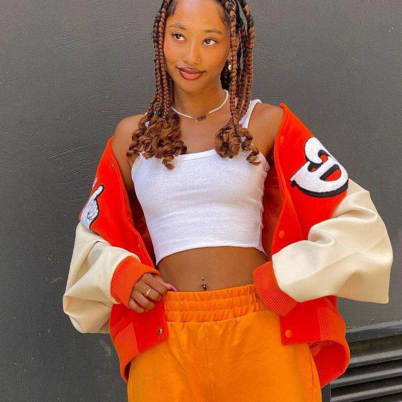 Cheerleader Letterman Jacket Letter Print Loose Single-Breasted Baseball Uniform