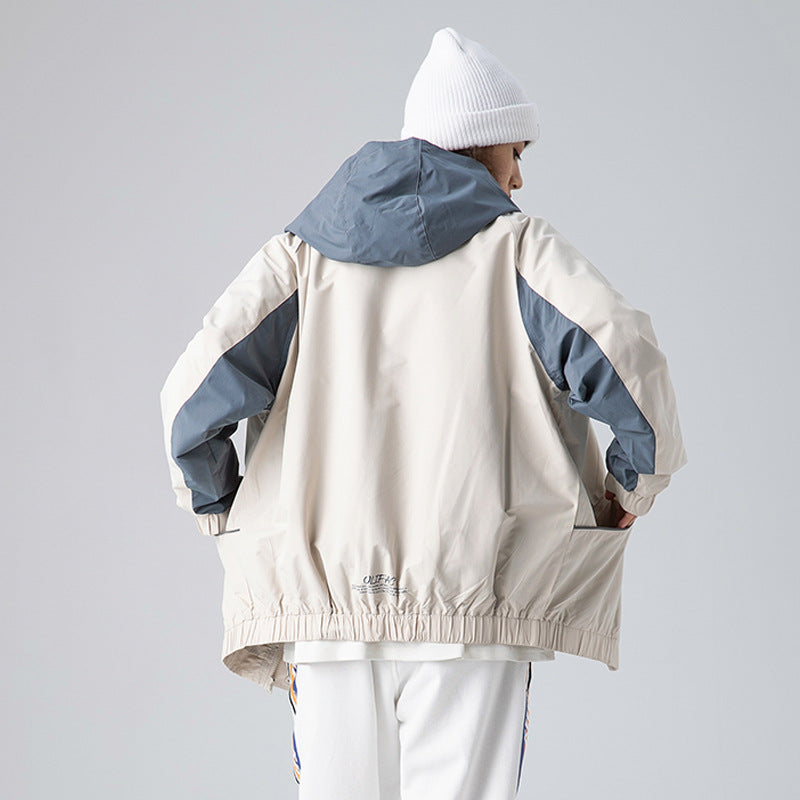 Men's Spring plus Size Retro Sports Colorblock Hood Jacket Men's Loose Casual Jacket Men's Coat