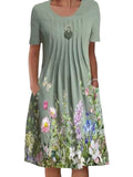 Green Fairycore Dress Summer Floral round Neck Midi Straight Dress
