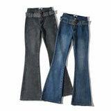 100 Cotton Jeans Women Autumn with Belt High Waist Stretch Slim Denim Bell-Bottom Pants