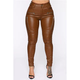 Black Leather Pants Tight Casual Belt Pocket Skinny Pants Women's Zipper Mid Waist Leather Pants