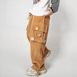 Mens Fall Outfits Corduroy Overalls Loose Straight Drawstring Ankle-Tied Wide-Leg Pants