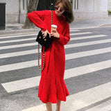 Red Peasant Dress Autumn Ruffled Fishtail Dress Women's Loose round Neck Retro Twist Texture Overknee Dress