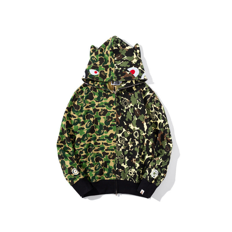 A Bath Ape Joint-Name Shark Stitched Camouflage Green with Ears Sweatshirt Camouflage Zipper Jacket