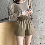 Leather Shorts Autumn and Winter High Waist A- Line plus Size Loose Boot Pants PU Leather Outer Wear Wide Leg Shorts