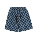Men Jean Shorts Plaid Denim Shorts Men's Idle Style Trendy Baggy Straight Trousers Summer Casual Shorts