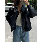 Women Leather Jacket with Patches Autumn Loose Leather Jacket Single-Breasted Top