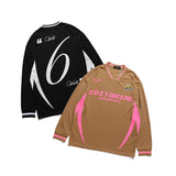 Men Fall Outfits Retro High Street Printed V-neck Long Sleeve T-shirt Loose Couple Casual Baseball Sportswear