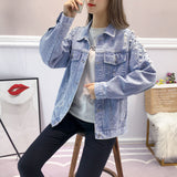 Pearl Jean Jacket Spring and Autumn Women's Clothing Ripped Denim Denim Jacket Fashion