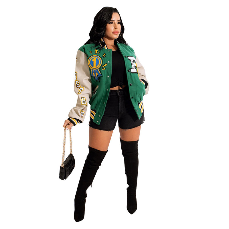 First Row Varsity Jacket Color Matching Press Button Printed Double-Layer Thread