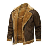 1970 East West Leather Jacket Fur One-Piece Fleece-Lined Men's Retro Biker's Thermal and Windproof Zipper Jacket