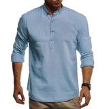Men's Solid Color Stand Collar Linen Long-Sleeved Youth Fashion Casual Men Shirt