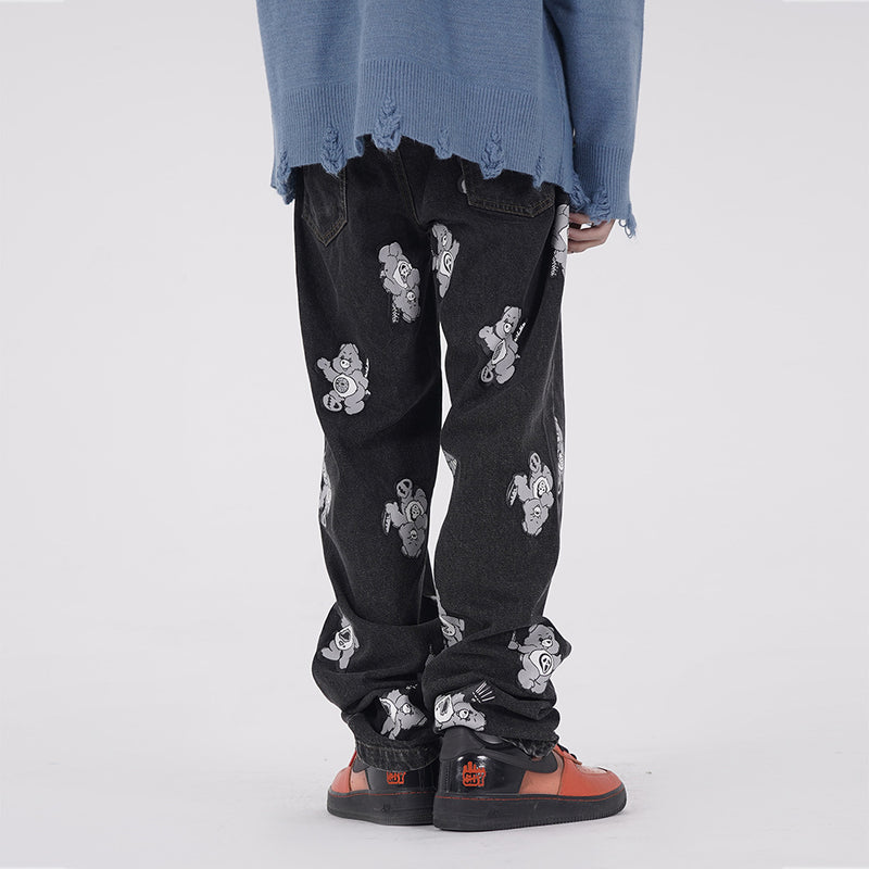 Printed Jeans plus Size Retro Sports Trousers Men Straight-Leg Pants Casual Trousers Men Jeans