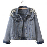 Pearl Jean Jacket Spring and Autumn Casual Pearl Loose Top Denim Jacket for Women