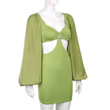 Green Fairycore Dress Midriff Outfit Hollow Hip Lifting Skirt Summer Puff Sleeve Irregular Waist-Baring Dress