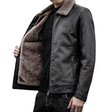 Urban Leather Jacket Men's Leather Fleece-Lined Winter PU Leather Jacket Lapel Middle-Aged and Elderly Men's Clothing