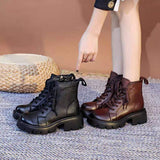 Coachella Cowboy Boots Vintage Low-Cut Lace Up Chunky Heel Autumn and Winter Leather Ankle Boots