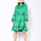 Green Fairycore Dress A- line Dress Autumn Small Stand Collar Single-Breasted Hollow out Stitching Lantern Sleeve Dress