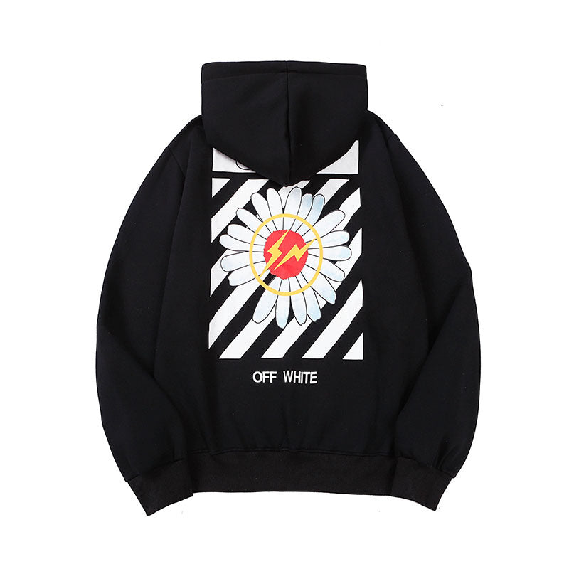 Autumn And Winter Joint Name Lightning Small Chrysanthemum Velvet Padded Hooded Sweatshirt Men And Women Same Style