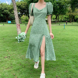 Green Fairycore Dress French Square Collar Floral Dress Summer Split Puff Sleeve Dress
