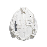 Men Shacket Long Sleeve Autumn Shirt Autumn Leisure Long Sleeve Letter Print Pocket Loose Overalls