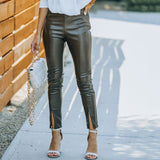 Leather Leggings Pu Slit Slim-Fitting Leather Pants Trousers