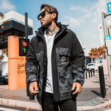 Men plus Size Coat Winter Color Matching Camouflage Coat Fleece-Lined Thickened Cotton Clothing High Collar Warm Cold-Proof