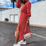 Red Peasant Dress Autumn and Winter Long Sleeve Printed Sexy Waist Slit Midi Dress for Women