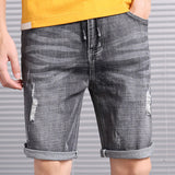 Mens Jean Shorts Summer Denim Shorts Men's Elastic Five-Point Pants Tether Loose Waist Trimming Pants