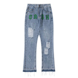 Mens Fall Outfits High Street Alphabet Embroidery Ripped Denim Pants Casual Retro Bootleg Pants