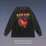 Mens Fall Outfits Punk Retro Flame Love Long Sleeve T-shirt Hip Hop Distressed Loose Oversize Sweater