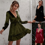 Green Fairycore Dress Dark Green Deep V-neck Puff Sleeve Velvet Ruffled Dress