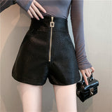 Leather Shorts Autumn Zipper High Waist Wide Leg Pants Outer Wear PU Leather Pants