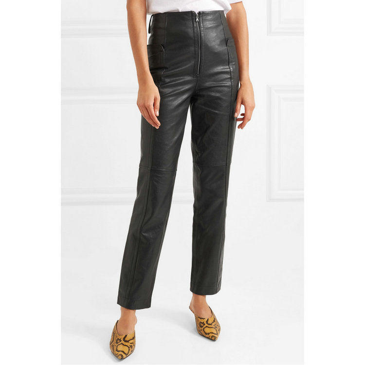 Black Leather Pants Autumn Women's Pants High Waist Real Sheepskin Straight Ankle-Tied Cigarette Pants