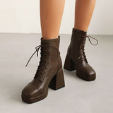 Coachella Festival Boots Spring Square Toe Laces Solid Color Waterproof Platform Thick Heel High Heel Short Boots