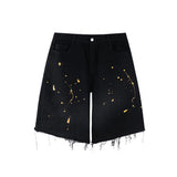 Men Jean Shorts Printed Raw Edge Denim Shorts Men's Loose Straight Shorts Summer Bermuda Shorts