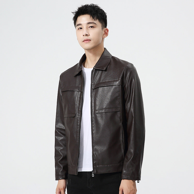 80's Leather Jacket Men's Autumn and Winter Men's Youth Leather Jacket Slim Fit Motorcycle Clothing