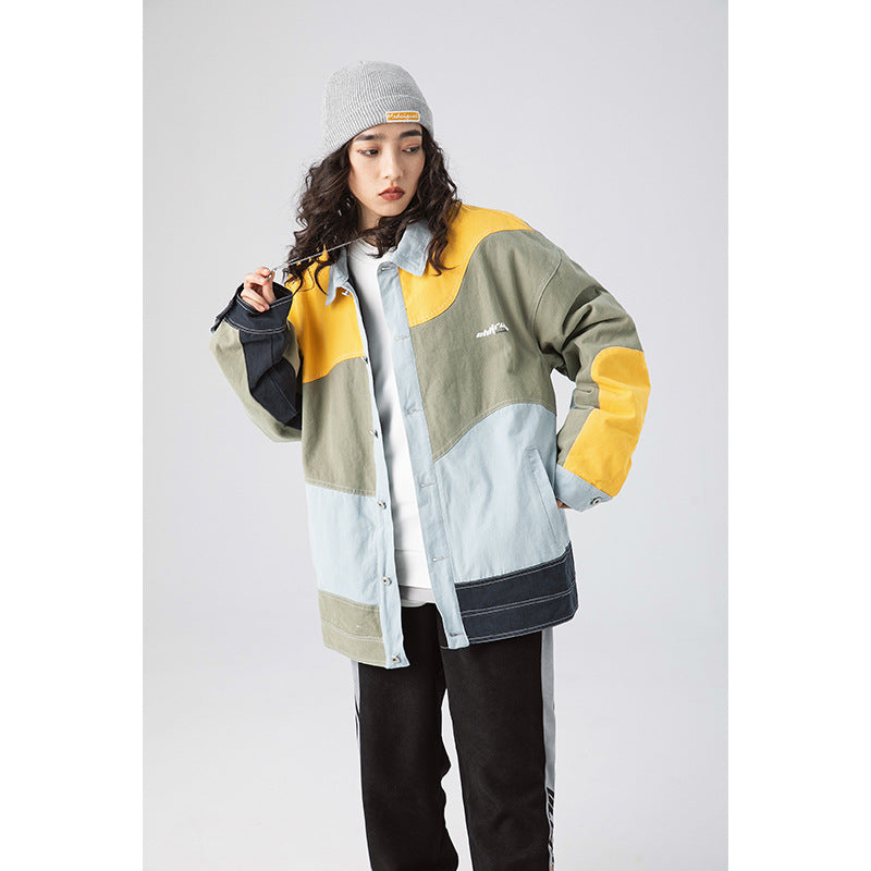 Men's Spring Large Size Sports Retro Stitching Contrast Color Lapel Workwear Jacket Men's Coat Trendy Men Jacket