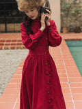Red Peasant Dress Autumn and Winter French Retro Corduroy Long-Sleeved Red Dress Annual Meeting Formal Dress