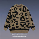 Men Fall Outfits Hip Hop Retro Leopard Print Round Neck Sweater Loose Sweater